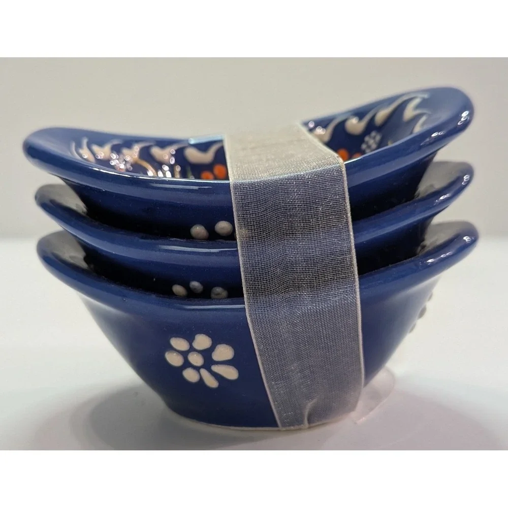 Myth Arts Ceramic Dipping Bowls Set of 3 Blue New Handmade Turkish Floral 4.5in